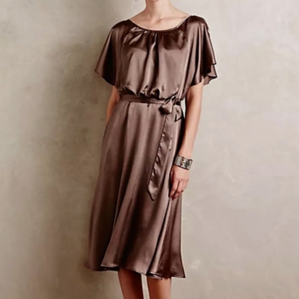 Anthropologie HD in Paris Taupe Satin Dress